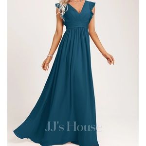 JJ’s House Chiffon Ink Blue Bridesmaid Dress with Keyhole Back